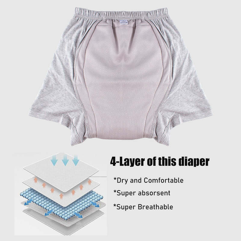 빨 수 있는 성인 요실금 속옷 | OEM 재사용 가능한 천 기저귀 바지 - 100% 면, 5겹 3D 누수 방지, 고탄성 허리밴드, L–XXL, 도매 및 맞춤 제조