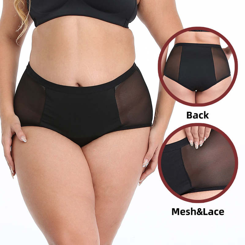 Intimo mestruale a vita alta taglie forti | Slip in rete a tenuta stagna OEM: 82% nylon, tassello a 4 strati, apertura gamba impermeabile, XS-3XL, vendita all'ingrosso e personalizzazione OEM completa