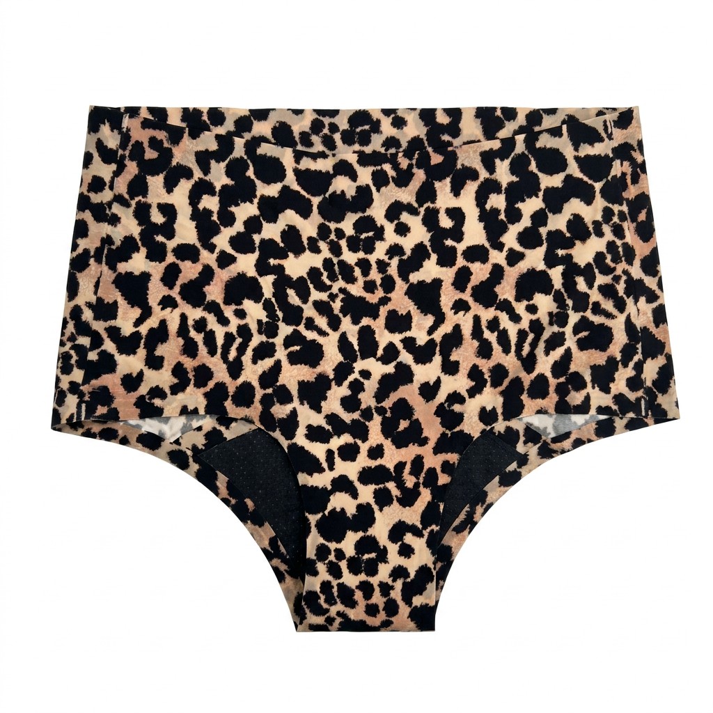 Calcinha de &eacute;poca com estampa de leopardo | OEM de 4 camadas de fluxo pesado de altura m&eacute;dia | Fabricante de roupas &iacute;ntimas de &eacute;poca com design personalizado